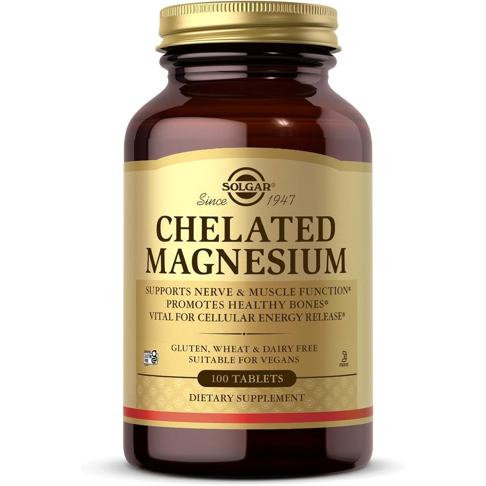 Solgar Chelated Magnesium Prop 65 100 Tablets front view bottle