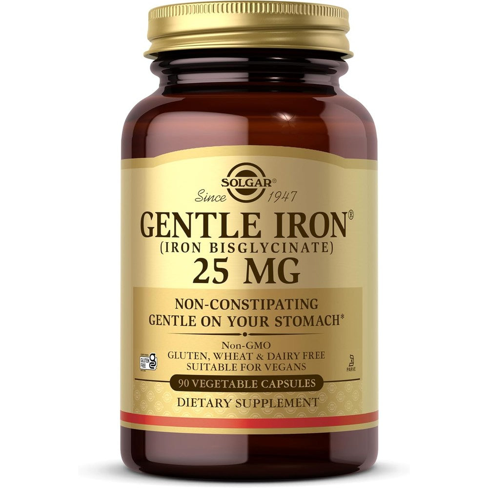 Solgar Gentle Iron 25mg 90 Vegetable Capsules front view bottle packaging