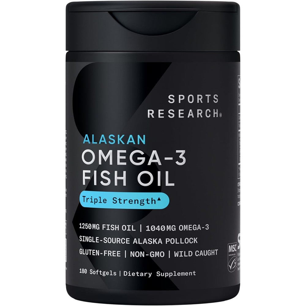 Sports Research triple strength omega-3 fish oil bottle front view showcasing authentic USA imported packaging for heart and joint health support.