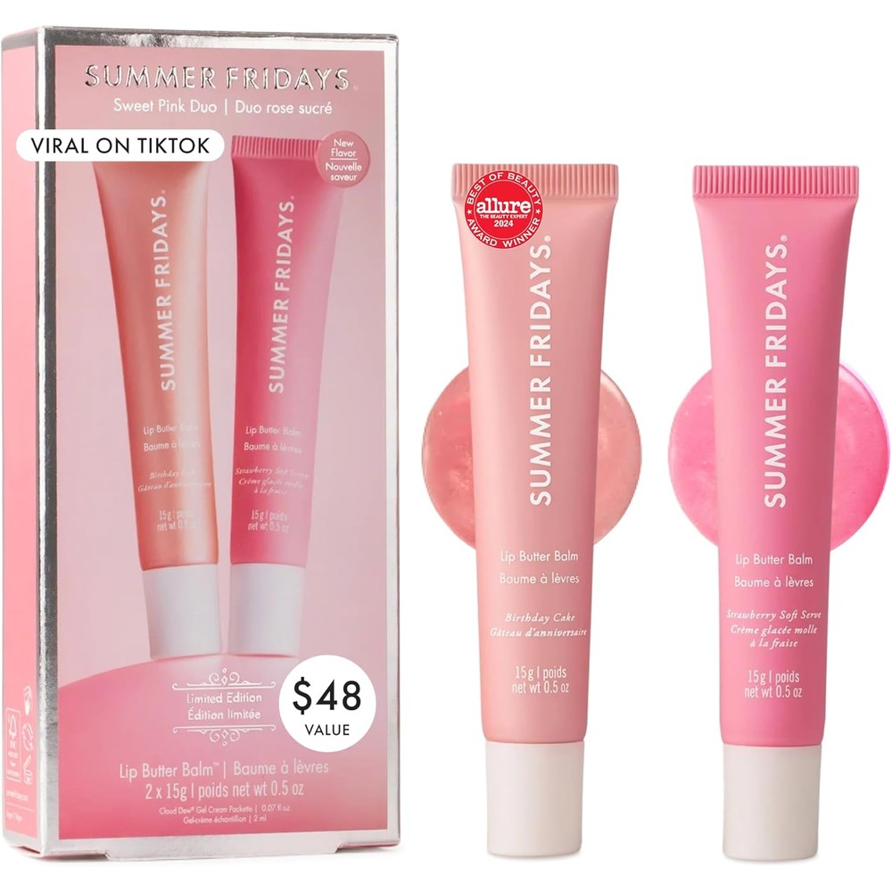 Summer Fridays Lip Butter Balm Sweet Pink Duo front view of packaging.