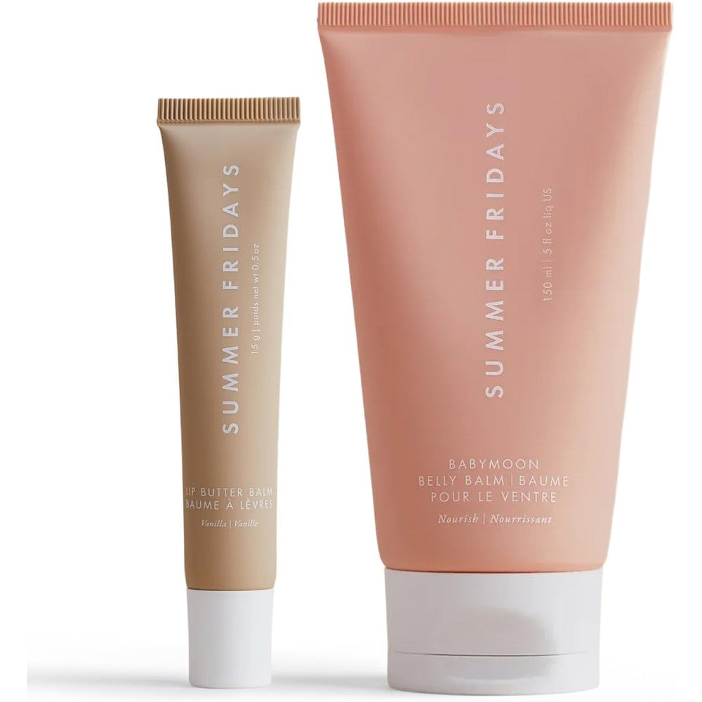 Summer Fridays Vanilla Lip Butter Balm and Babymoon Belly Balm Gift Set front packaging view