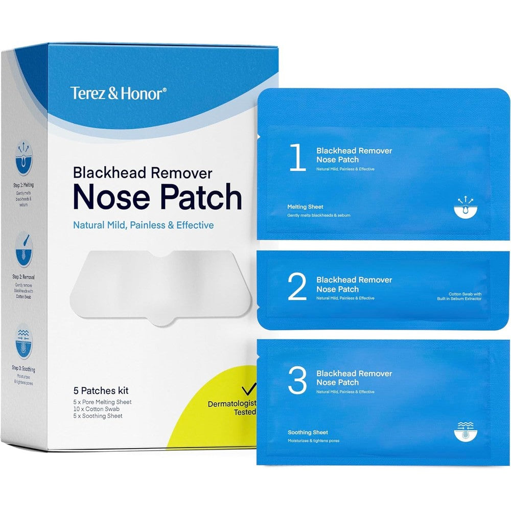 TEREZ & HONOR Blackhead Remover Nose Pore Patches: Korean SkinCare Patented Formula, Targets Pores Pimples in 3 Steps - Natural, Mild Painless, Effective, Dermatologist Tested - 5 Pcs