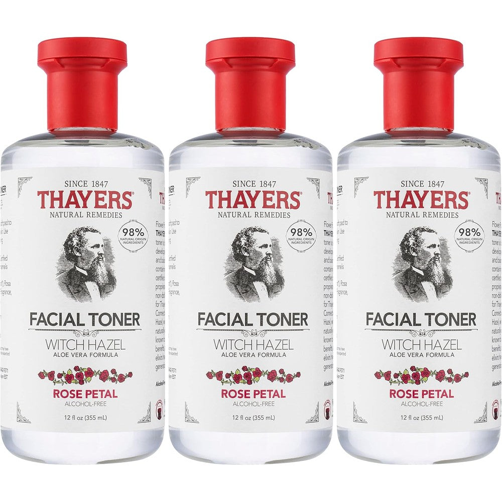 THAYERS Alcohol-Free, Hydrating Rose Petal Witch Hazel Toner with Aloe Vera, 12 Oz (Pack of 3)
