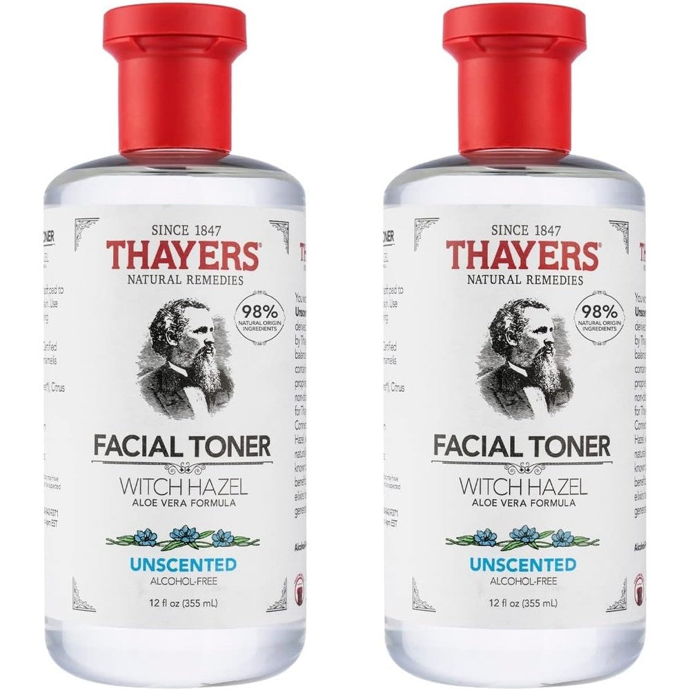 THAYERS Alcohol-Free, Hydrating, Unscented Witch Hazel Facial Toner with Aloe Vera Formula, Vegan, Dermatologist Tested and Recommended, 12 Oz (Pack of 2)