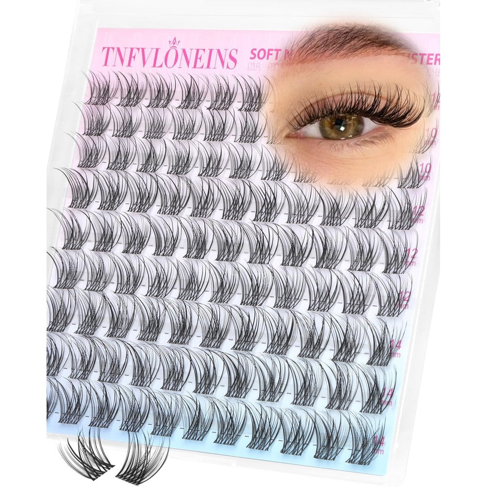Short Wispy Lash Clusters 10-12-14MM Natural Cluster Eyelash Extensions C-Curly Clear Band Lashes Wide Band Individual Lashes Clusters for Beginners by TNFVLONEINS
