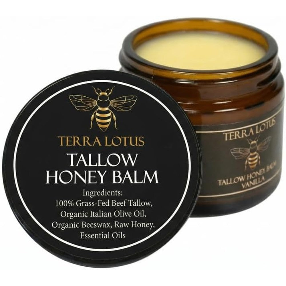 Terra Lotus - Organic Grass-Fed Beef Tallow Balm with Raw Honey - Moisturizing Cream for Soft, Smooth Skin - Handmade All-Natural Moisturizer (2 Oz, Vanilla)