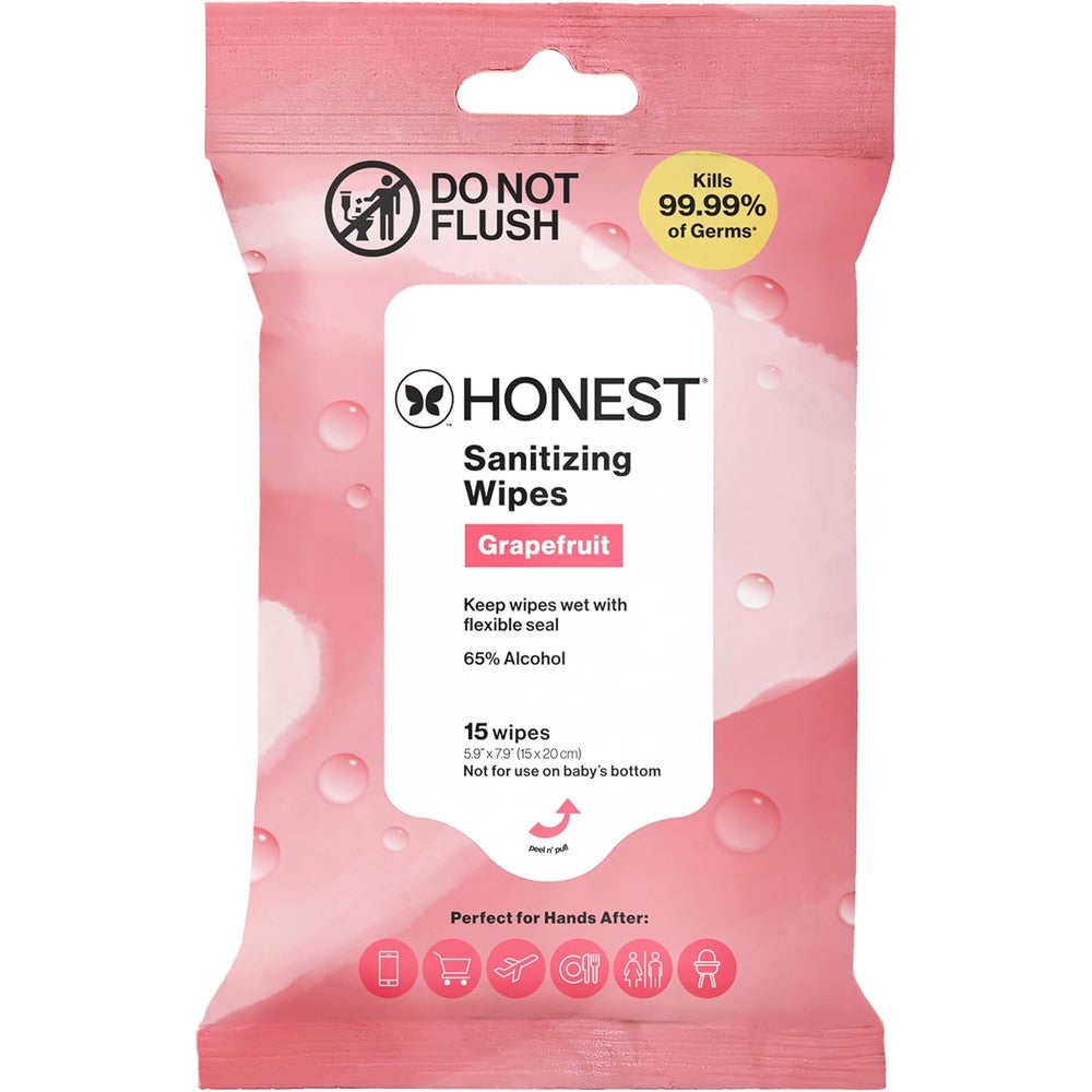 The Honest Company Grapefruit Grove Sanitizing Wipes, Kills 99.99% of Germs, Safe for All Hands, Antibacterial, Dermatologist Tested, 15 Count