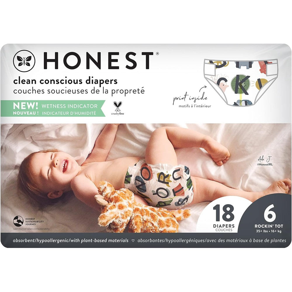 The Honest Company Comfort Dry Disposable Daytime Diapers for Sensitive Skin, Up to 100% Leakproof, Hypoallergenic, Fragrance Free, So Delish, Polybag, Size 6 (35+ lbs), 18 Count