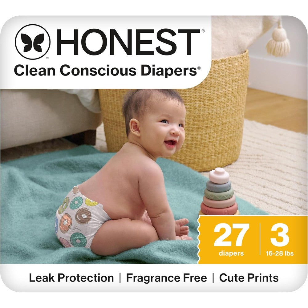 The Honest Company Comfort Dry Disposable Daytime Diapers for Sensitive Skin, Up to 100% Leakproof, Hypoallergenic, Fragrance Free, Donut Grow Up, Polybag, Size 3 (16-28 lbs), 27 Count