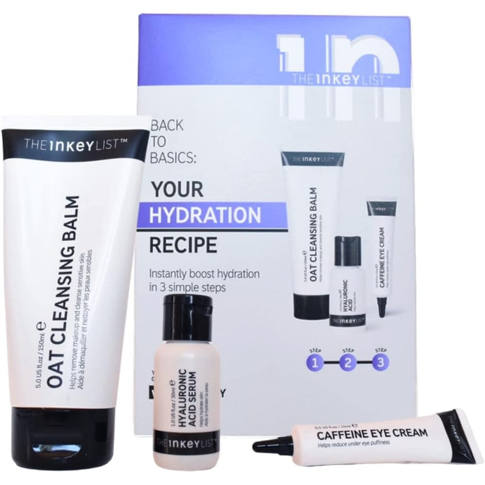 The INKEY List Back to Basics Hydration Heroes Skincare Set front view of product box showing cleanser serum and eye cream