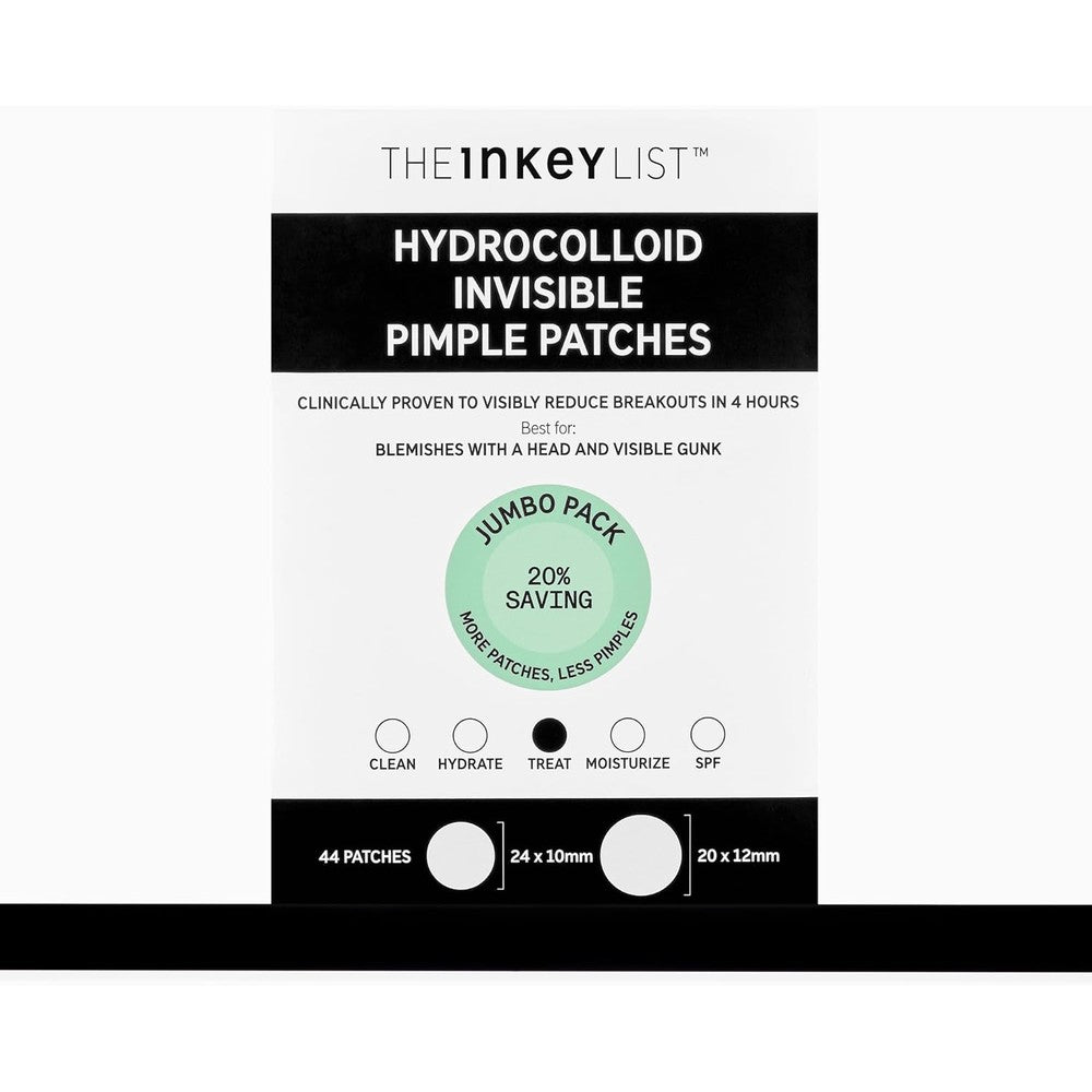 The INKEY List Hydrocolloid Invisible Pimple Patches front packaging view showing the 22 count acne spot treatment.
