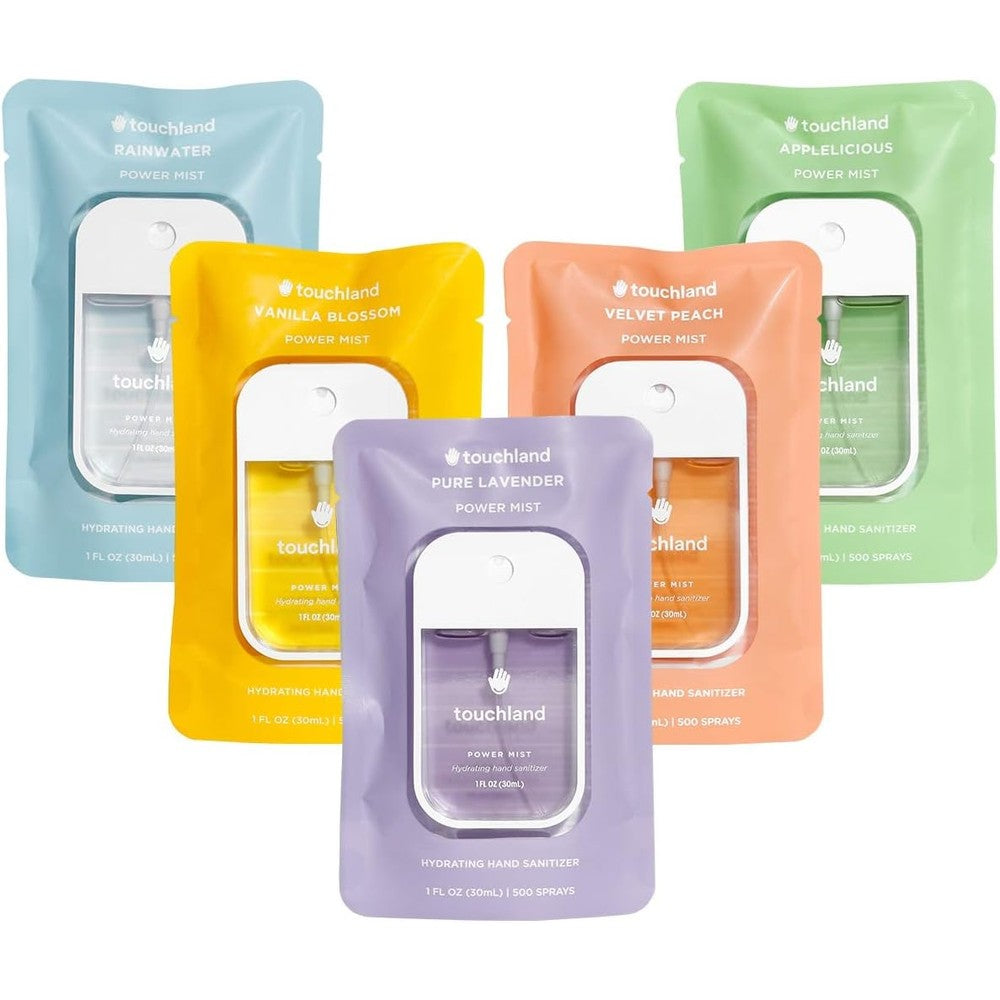 Touchland Hydrating Hand Sanitizer Spray - Blossom 5 Set (Pure Lavender, Vanilla Blossom, Rainwater, Velvet Peach, Applelicious) - 5 x 1 FL OZ Travel Size Mists