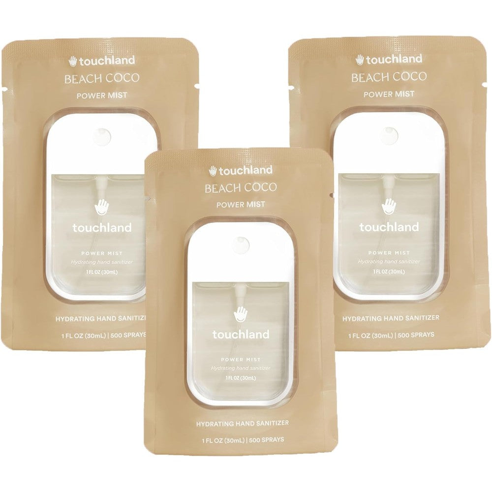 Touchland Hydrating Hand Sanitizer Spray - Beach Coco Trio Set, Dye Free - 3 x 1 FL OZ Travel Size Mists