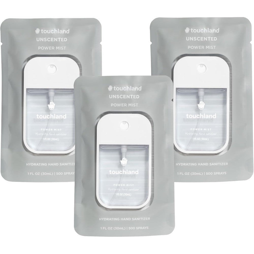 Touchland Hydrating Hand Sanitizer Spray - UnscentedTrio Set, Dye Free - 3 x 1 FL OZ Travel Size Mists
