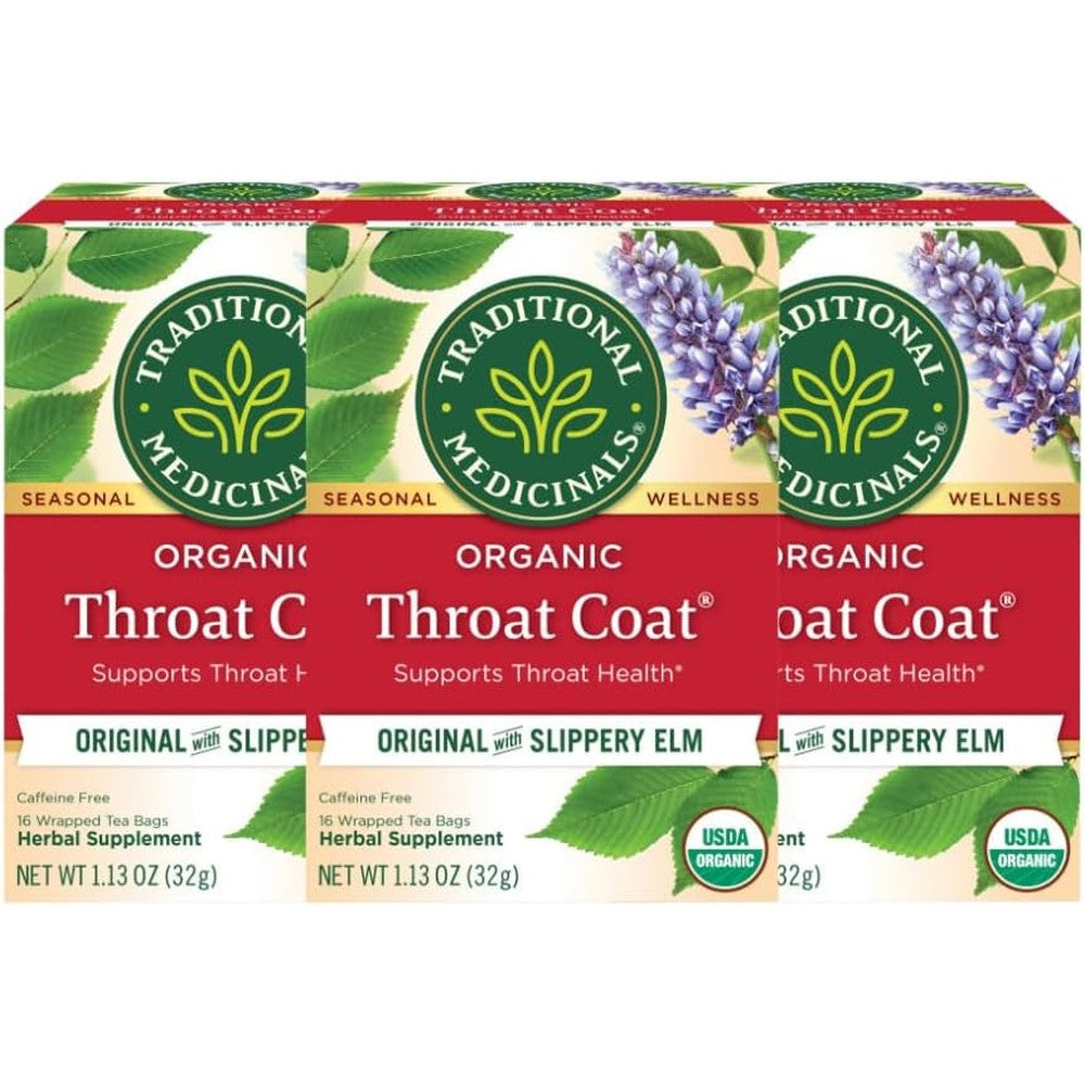 Traditional Medicinals Organic Throat Coat Herbal Tea, Supports Throat Health, (Pack of 3) - 48 Tea Bags Total