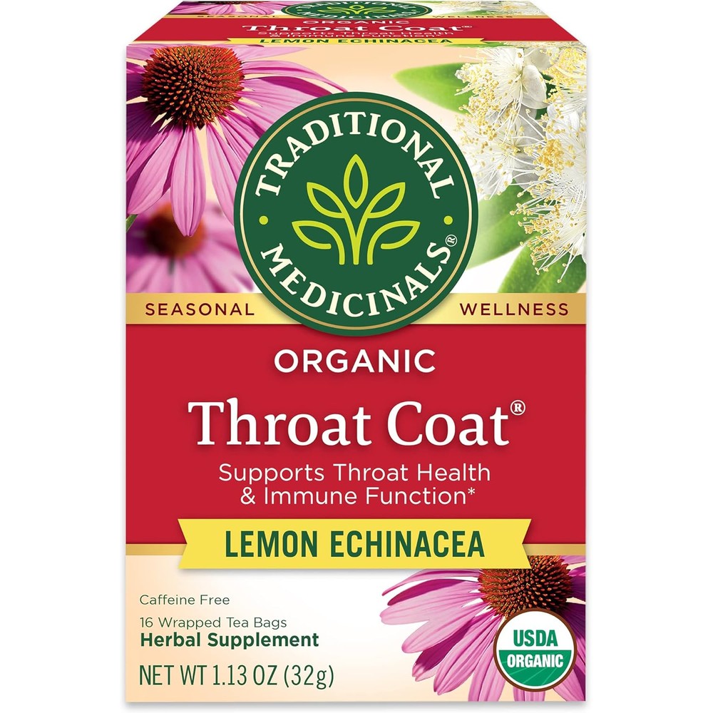 Traditional Medicinals Tea, Organic Throat Coat Lemon Echinacea, Supports Throat Health & Immune Fuction, 16 Tea Bags