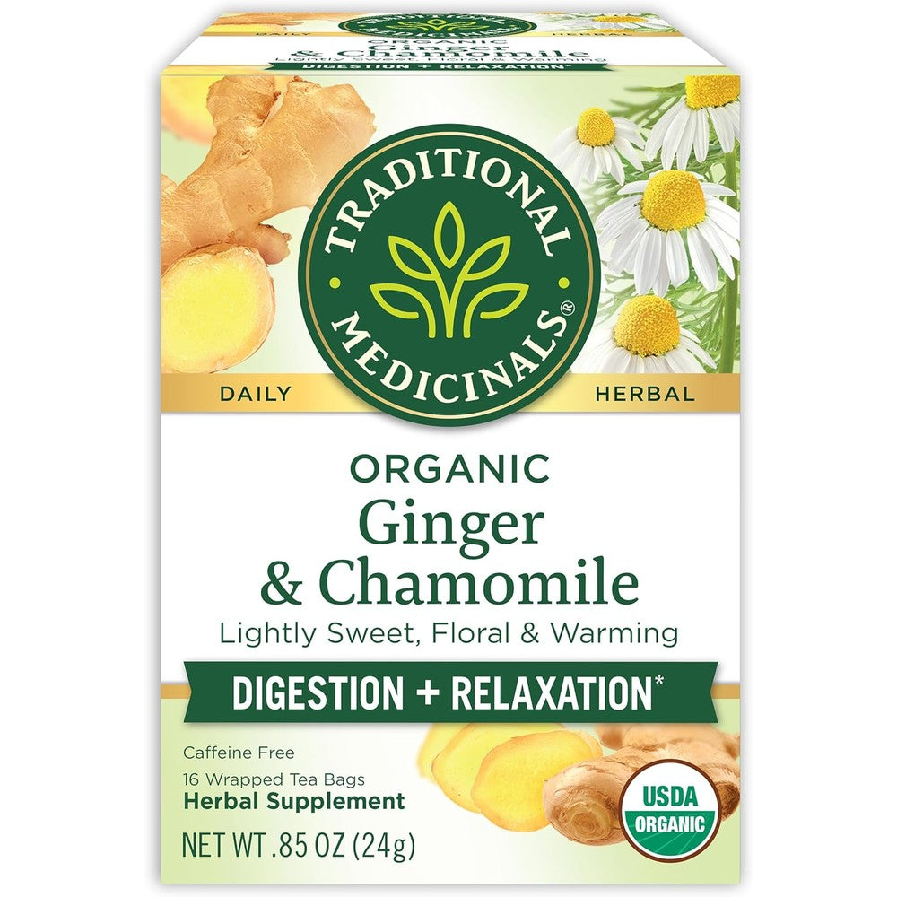 Traditional Medicinals Tea, Organic Ginger & Chamomile - Occasional Nausea & Indigestion Relief - Kosher, Non-GMO, Caffeine-Free - 16 Tea Bags