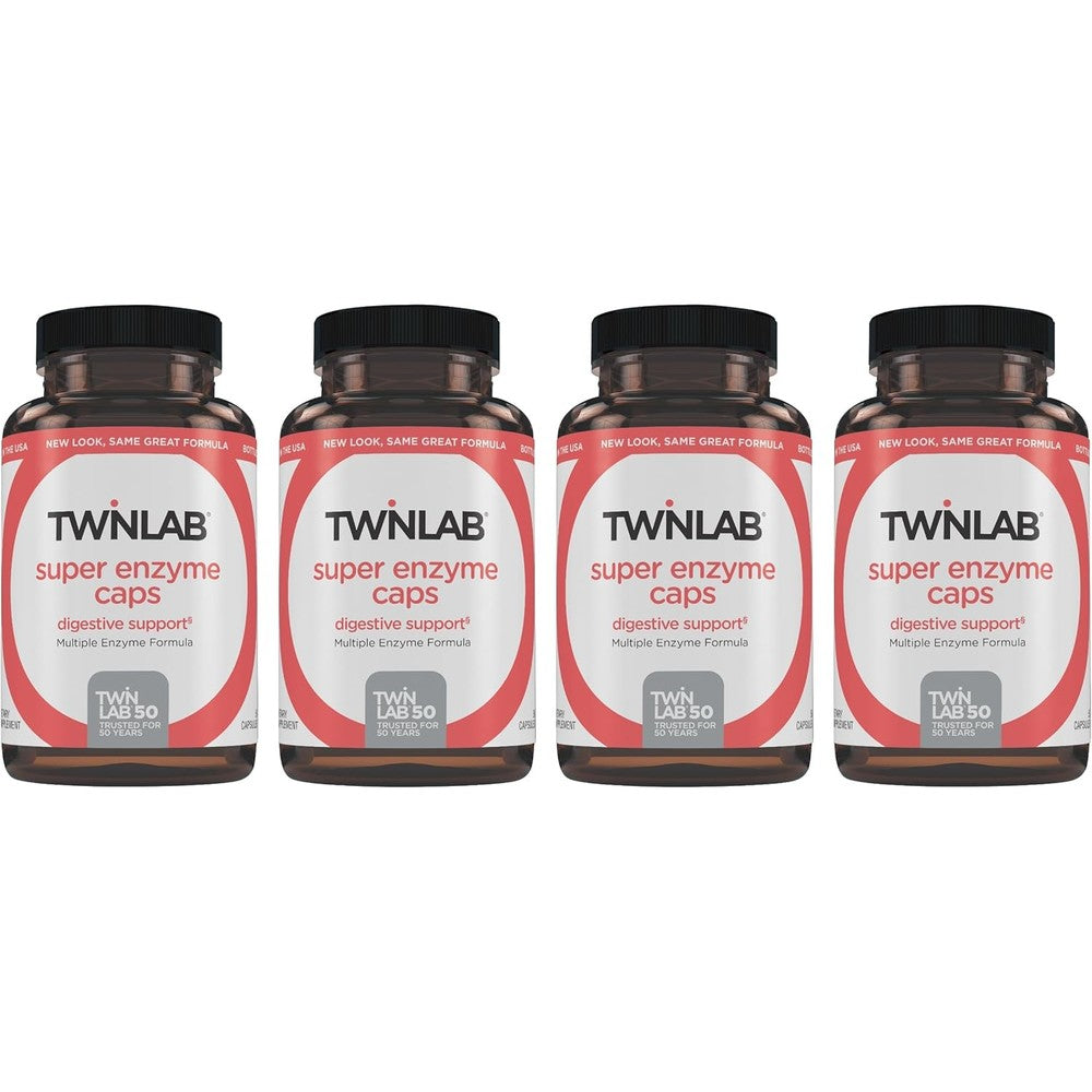 Twinlab Super Enzyme Caps - Constipation Supplement with Digestive Enzymes - 50 Capsules (Pack of 4)