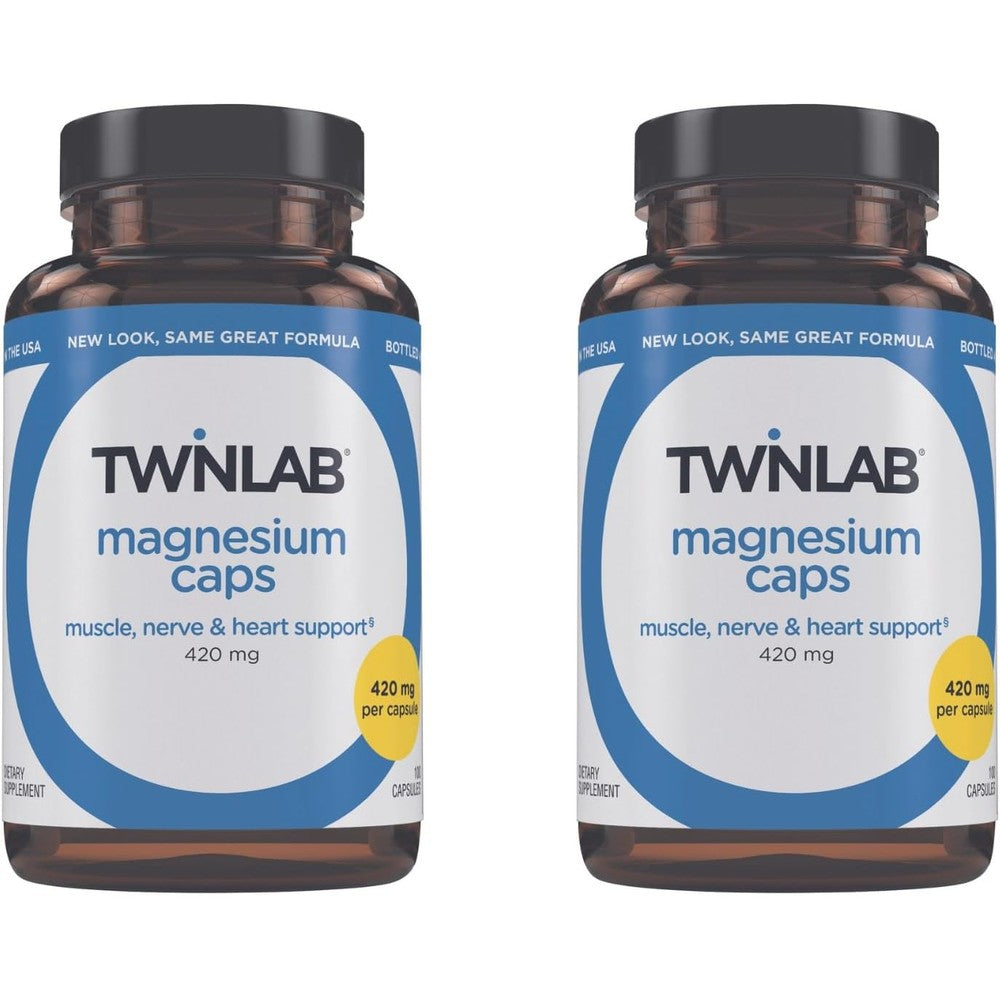 Twinlab Magnesium Caps - High Absorption Magnesium Supplement to Support Leg Cramps Relief - Magnesium Capsules for Stress Relief, 420 mg, 100 Count 2 Pack
