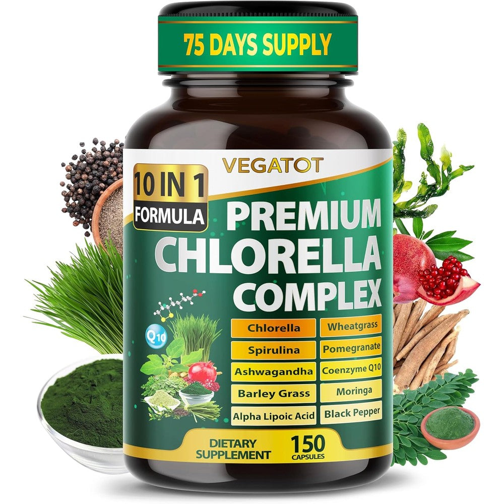 Premium Organic Chlorella Complex 10-in-1 Formula with Spirulina, Wheatgrass, Moringa, CoQ10 & Ashwagandha - Supports Natural Energy & Antioxidant Balance - 150 Capsules