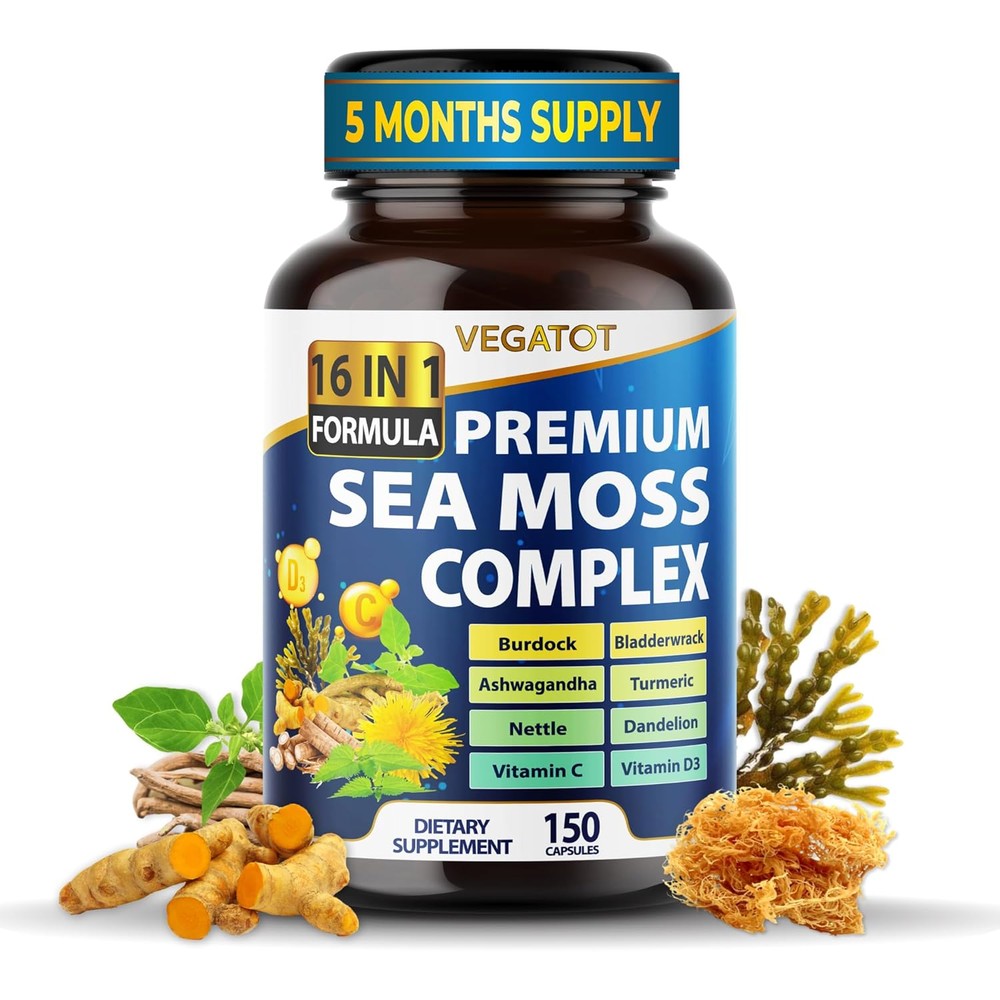 Organic Sea Moss with Bladderwrack, Burdock, Ashwagandha, and Turmeric - Immunity Booster for Healthy Aging, Skin & Joint Support (150 Count (Pack of 1))