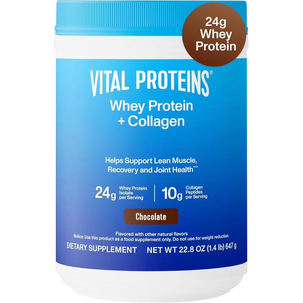 Vital Proteins chocolate whey protein powder and collagen peptides container front view