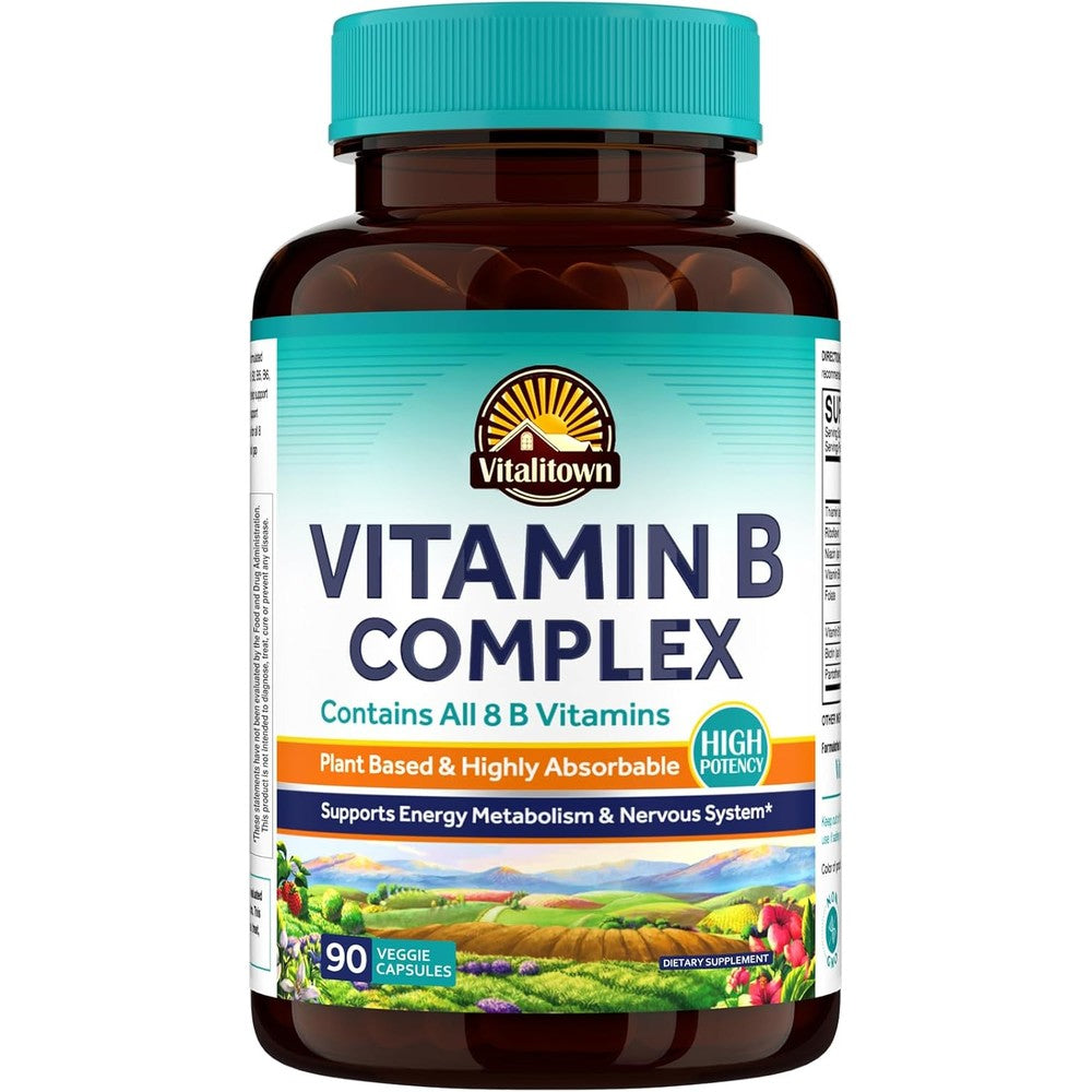 Vitalitown Vitamin B Complex capsule bottle front view energy supplement