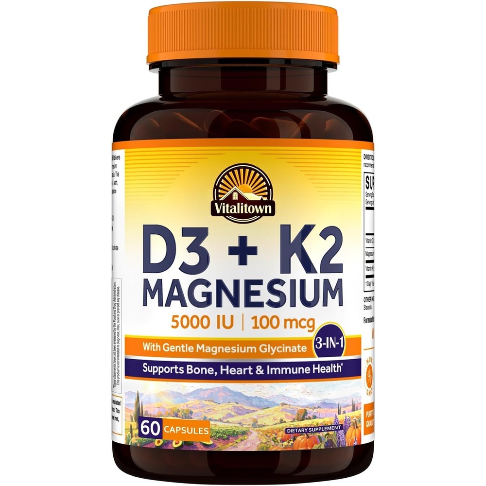 Vitalitown Vitamin D3 K2 with Magnesium 60 capsules front view bottle