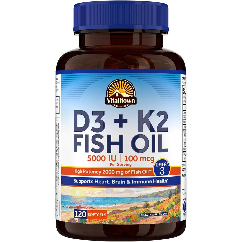 Vitalitown Vitamin D3 K2 Omega 3 front view bottle packaging