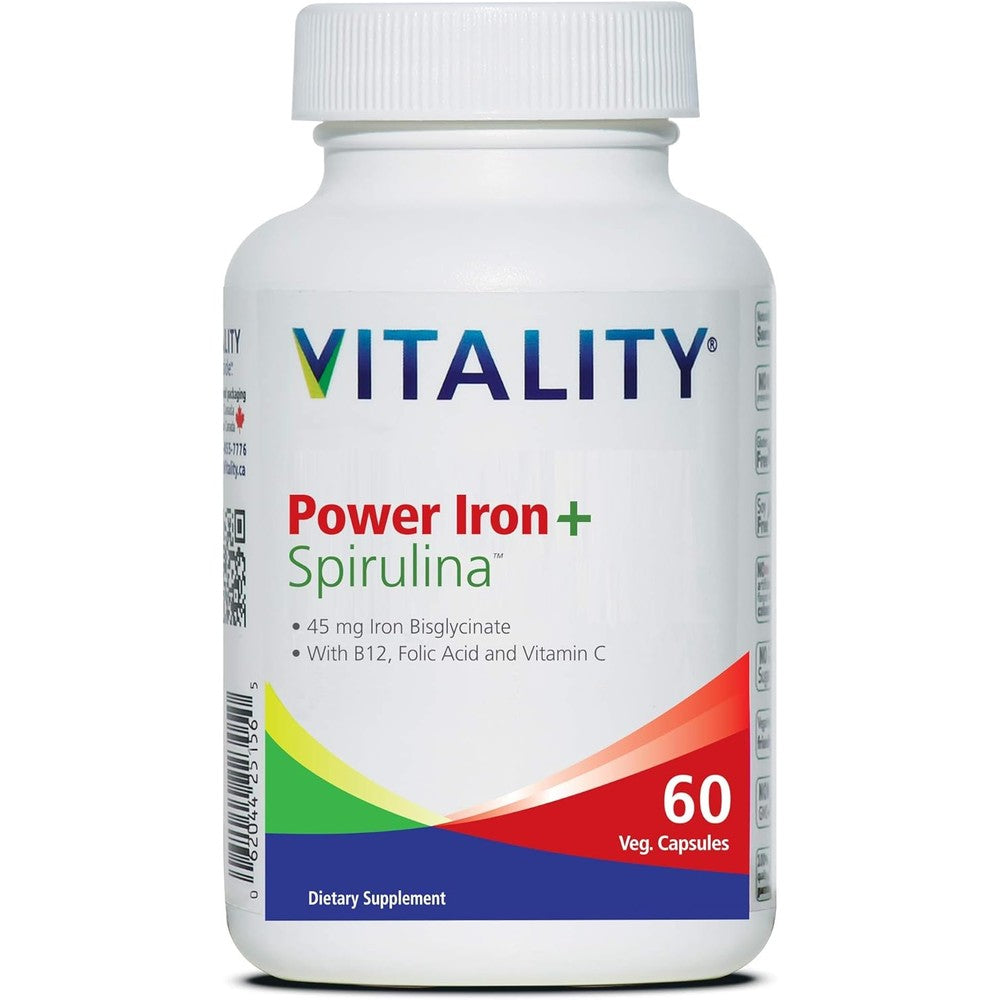 VITALITY Power Iron + Spirulina | 45mg Iron | Blood Builder | Iron Deficiency Support | Vegan | All Natural Supplement | Gentle on Stomach | Capsules... (60 Count (Pack of 1))
