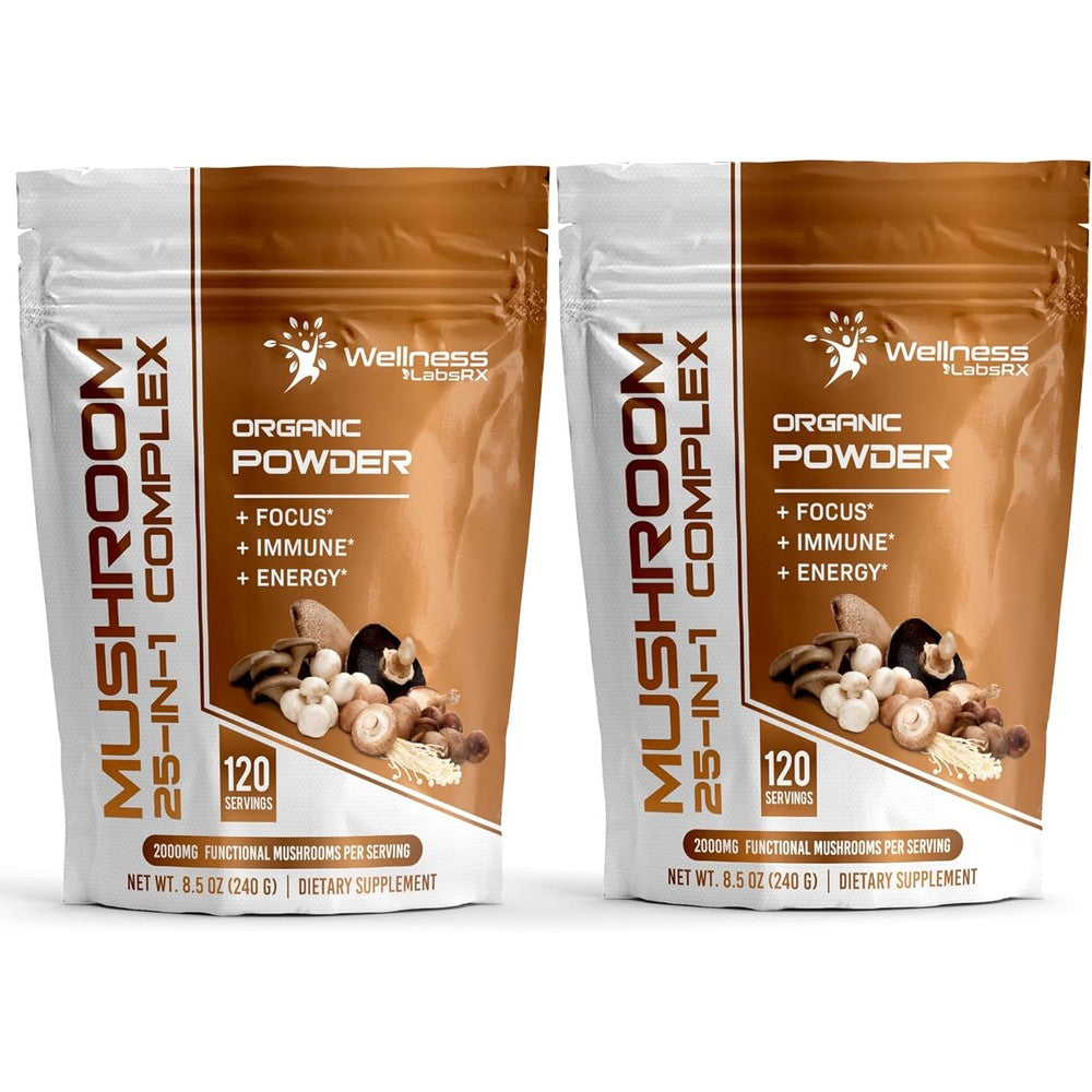 WELLNESS LABSRX Mushroom Powder, 25 in 1 Mushrooms Supplement - 2000mg, 25 Superfood Mishroom Lions Mane Powder with Chaga, Shiitake, Cordyceps, Reishi - Lion's Mane Mushroom - Pack of 2