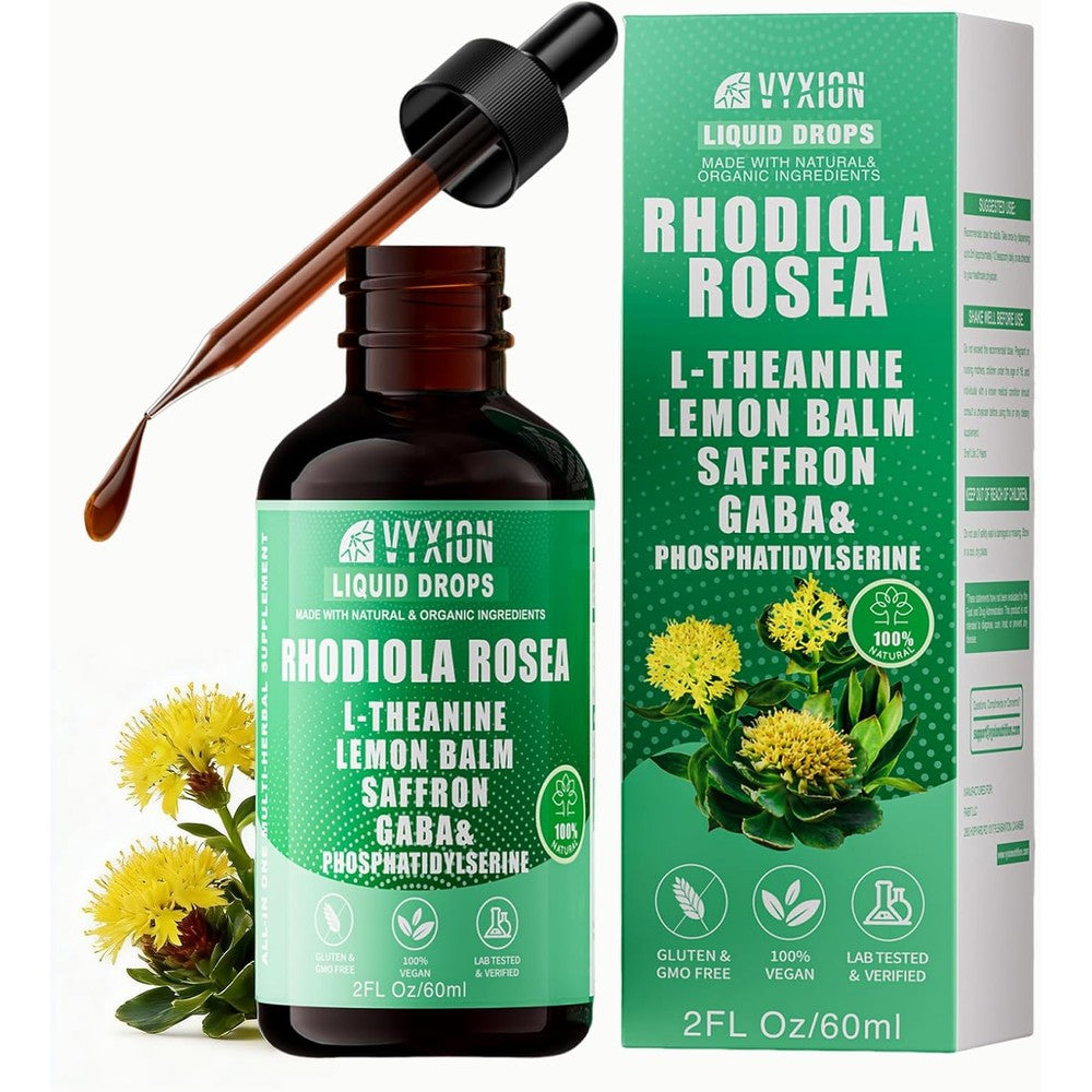 Vyxion Rhodiola Rosea Organic Extract Liquid 10-in-1 | Rhodiola, Saffron, GABA, L-Theanine | Supports Mood, Calm & Energy | 60ml, Vegan, Alcohol-Free