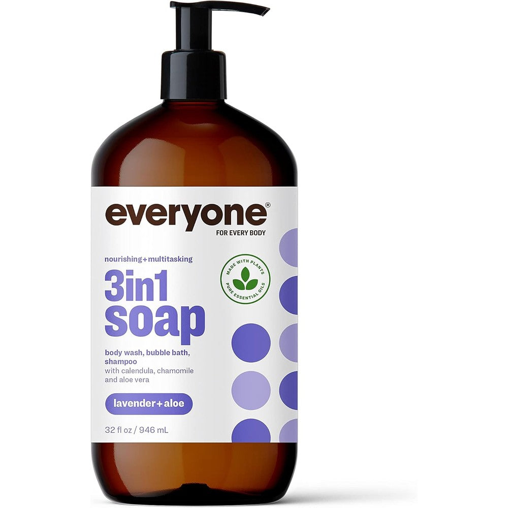 Everyone 3-in-1 Soap, Body Wash, Bubble Bath, Shampoo, 32 Ounce (Pack of 1), Lavender and Aloe, made with Essential Oils for Men and Women