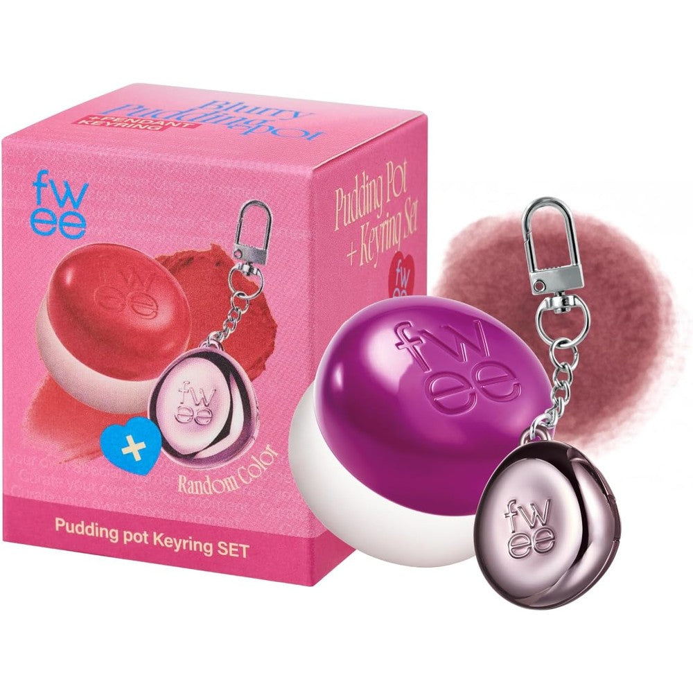 Fwee Blurry Pudding Pot and Keychain Set front view showcasing packaging and smoky mauve tint pot.