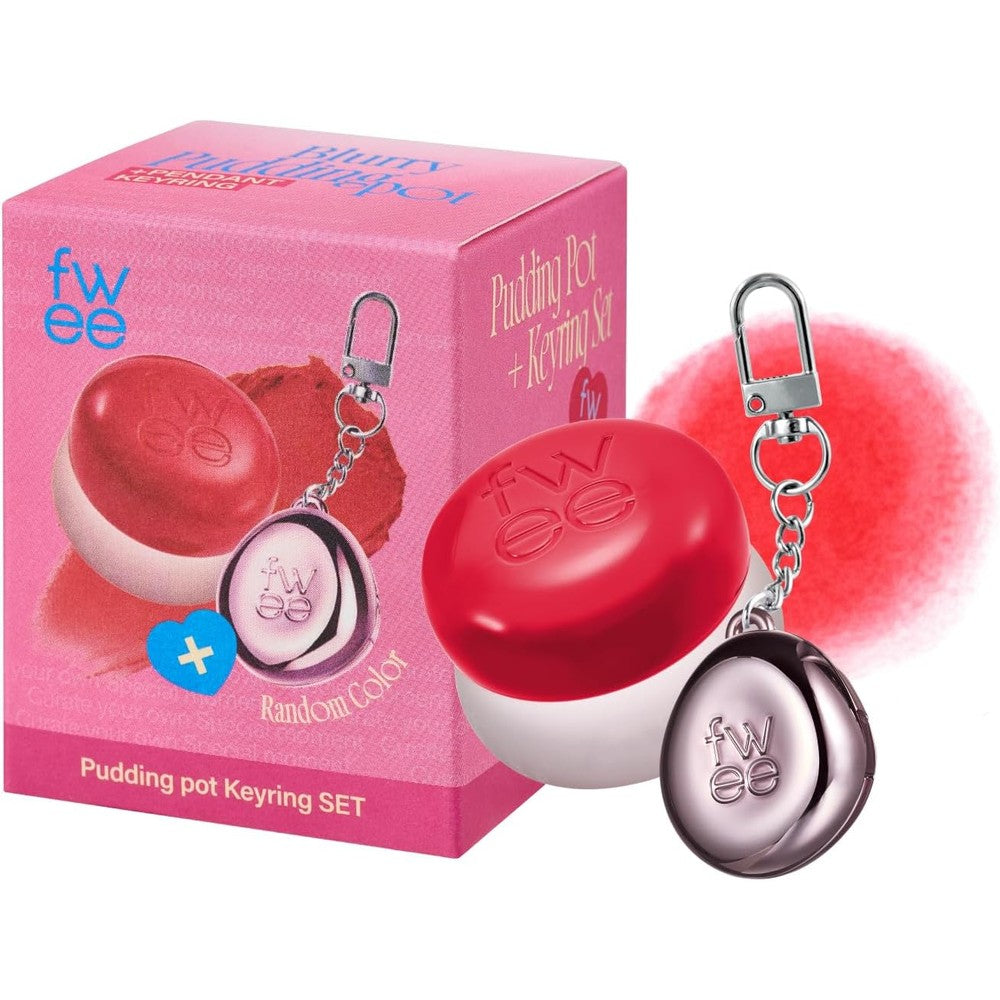 Fwee Blurry Pudding Pot Keychain Set front view showcasing the soft matte lip and cheek balm packaging.