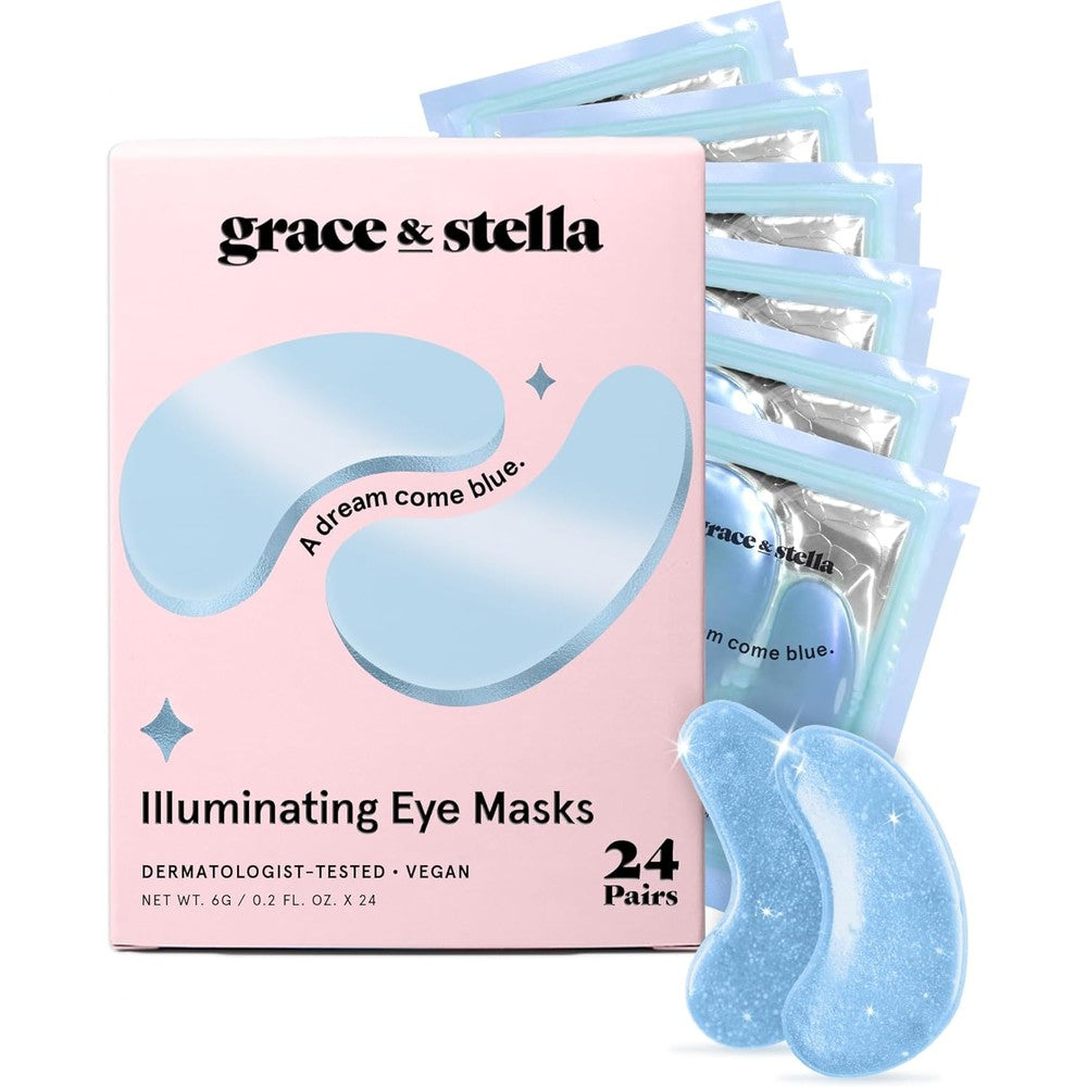 grace & stella Award Winning Under Eye Mask Reduce Dark Circles, Puffy Eyes, Undereye Bags, Wrinkles, Gel Under Eye Patches, Get Well Gifts for Women - Vegan Eye mask (24 Pairs, Blue)