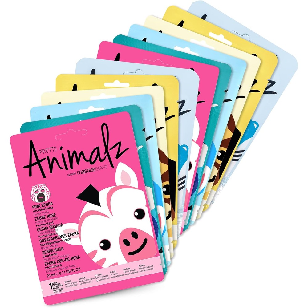 masque BAR Pretty Animalz Animal Character Sheet Mask, Korean Skin Care, Korean Spa Masks for All Skin Types, Spa Gifts, Birthday Party Gifts, Girls' Night, Skincare Party, Assorted Pack of 12