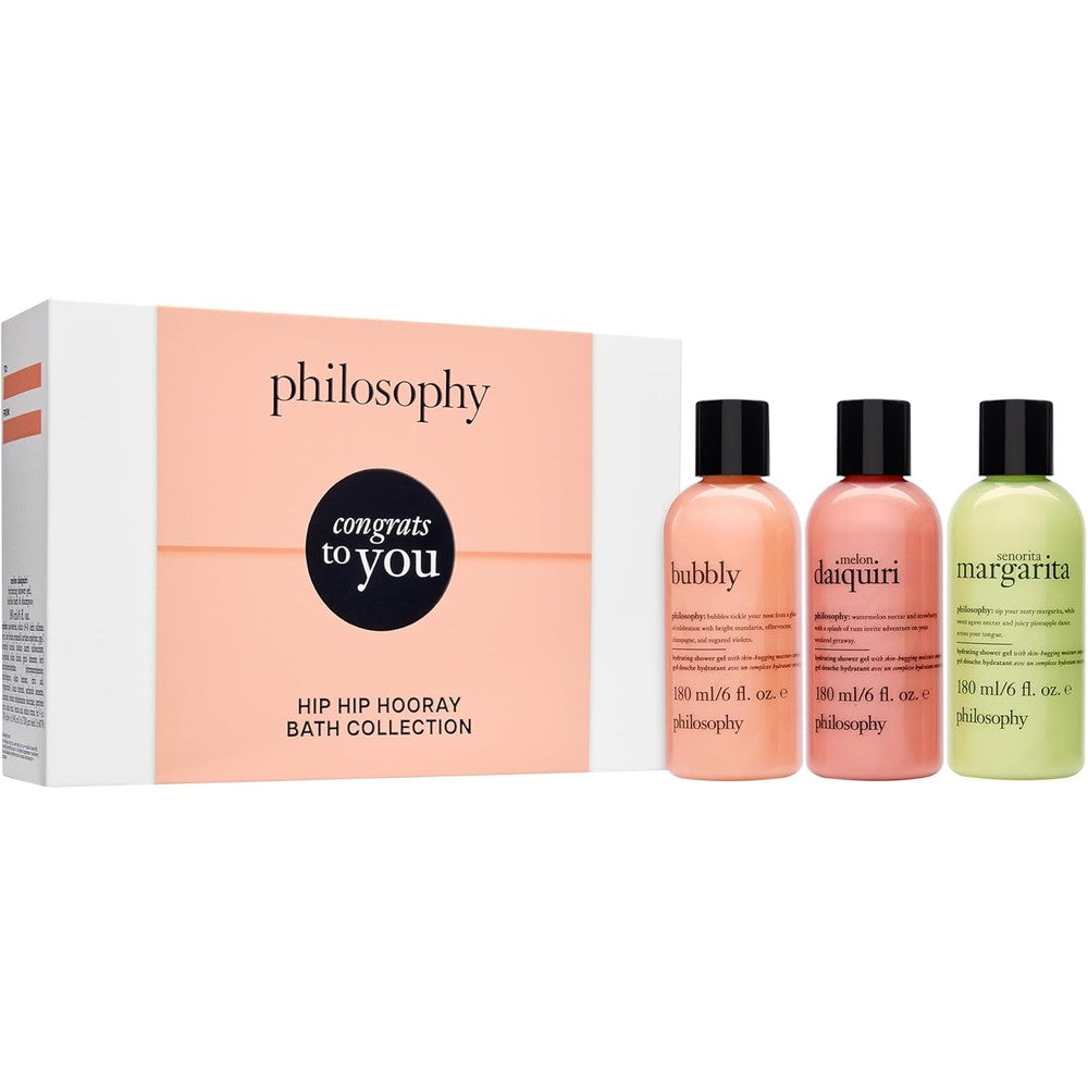 Philosophy Scent-Sational Hydrating Bath and Shower Gel Congrats box set front view showing three premium bottles.