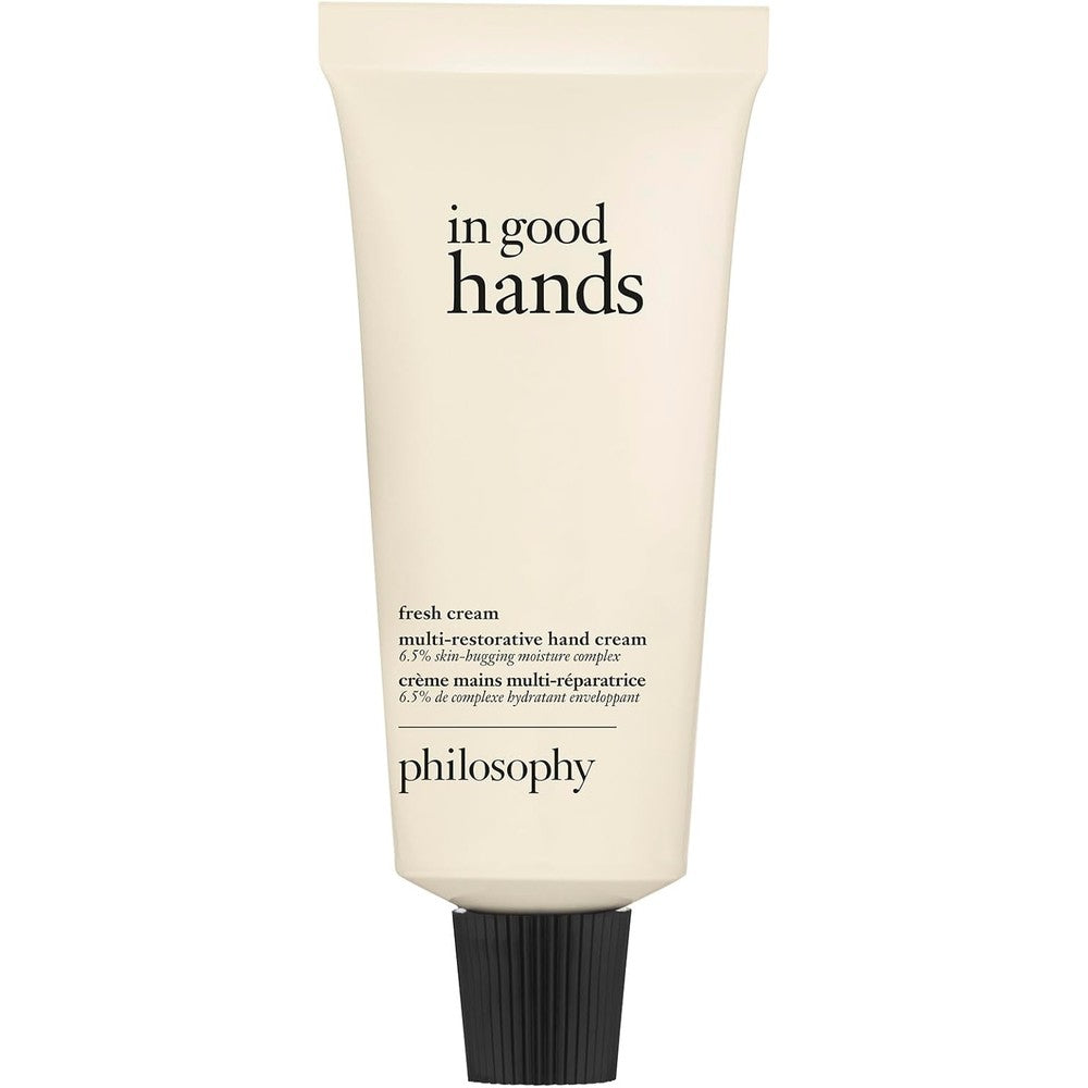 Philosophy In Good Hands Multi Restorative Hand Cream front view tube for anti aging hand care.