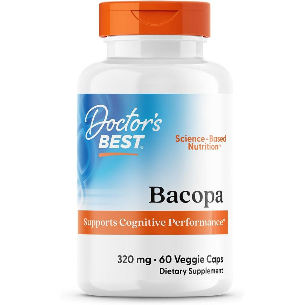 Doctor's Best Bacopa with Synapsa 60 veggie capsules front bottle view showing premium cognitive supplement labels.