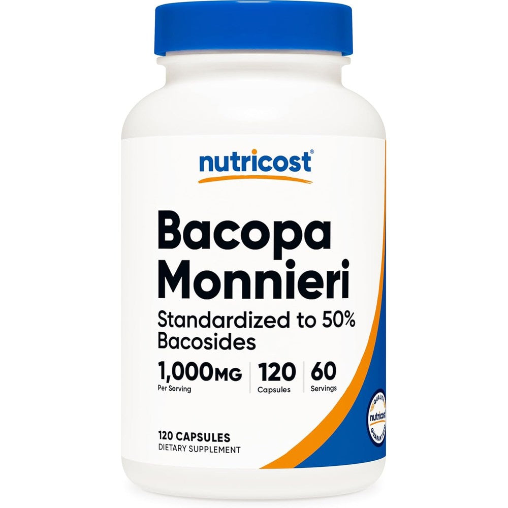 Nutricost Bacopa Monnieri 1000mg supplement bottle front view for memory support
