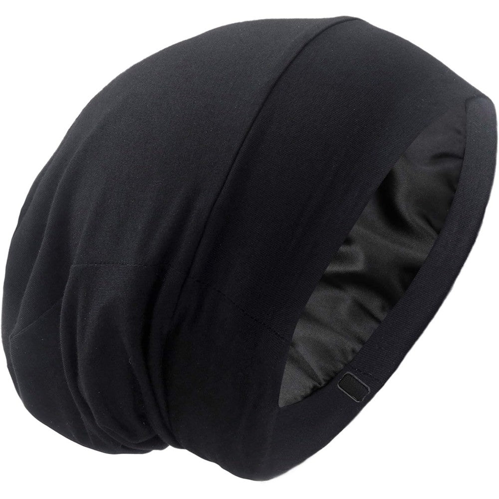 Silky Satin Lined Bonnet Sleep Cap - Adjustable Stay on All Night Hair Wrap Cover Slouchy Beanie for Curly Protection Women and Men Solid Black