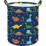 ACMUUNI dinosaur laundry basket front view showcasing dark blue cartoon pattern