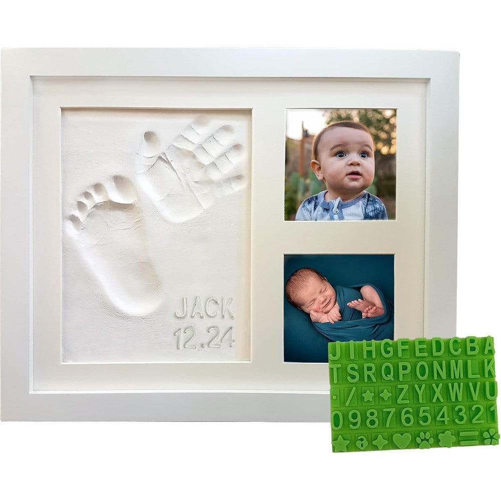 Baby Mushroom Handprint and Footprint Keepsake Kit front view with white wooden frame