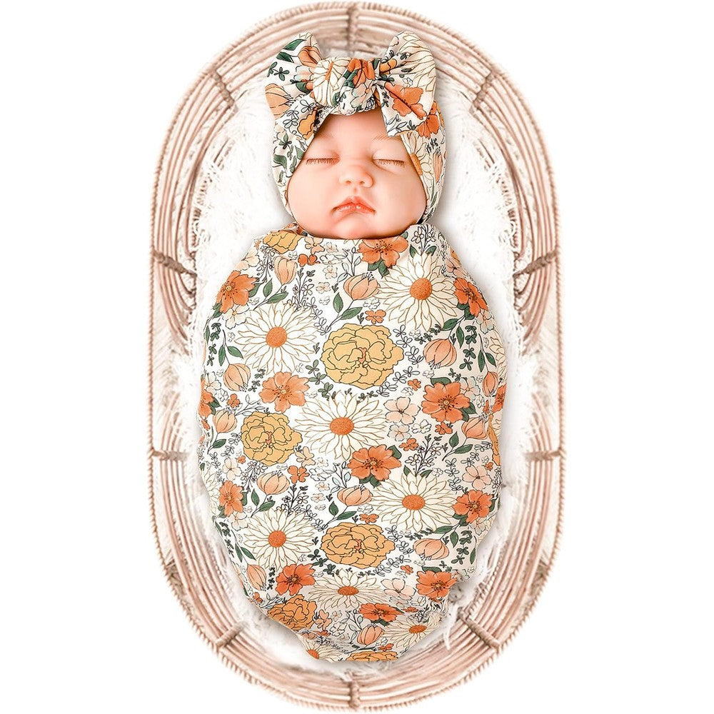 Konssy baby girl floral receiving blanket and headband set front view