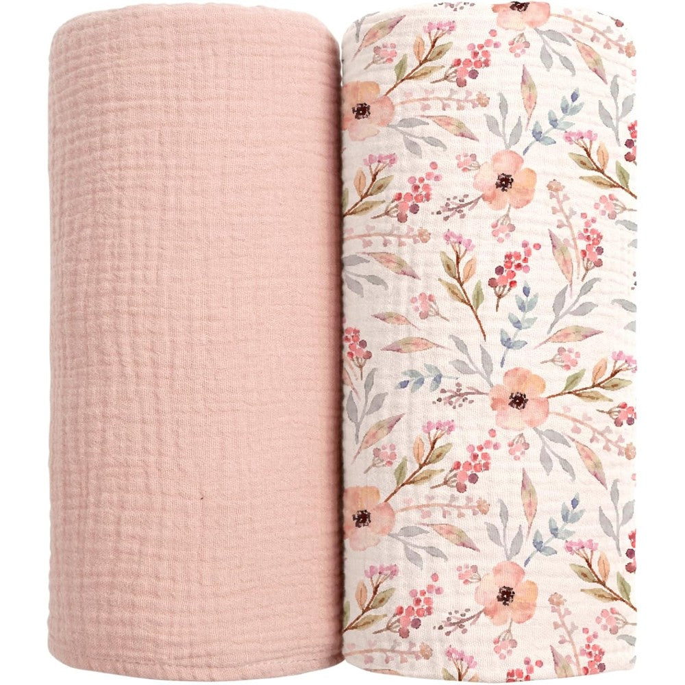 Lulumoon Muslin Swaddle Blankets For Baby, Soft Cotton Newborn Receiving Blankets In Floral Pink Flower Print, 40 Inch By 40 Inch Nursery Set - Image 1
