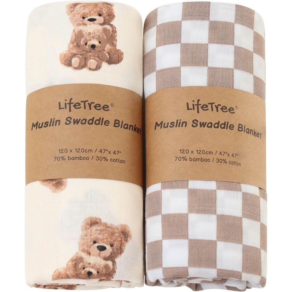 LifeTree muslin swaddle blankets with bear and checkered coffee design