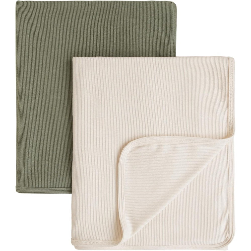 Konssy knit baby blanket 2 pack front view in beige and sage