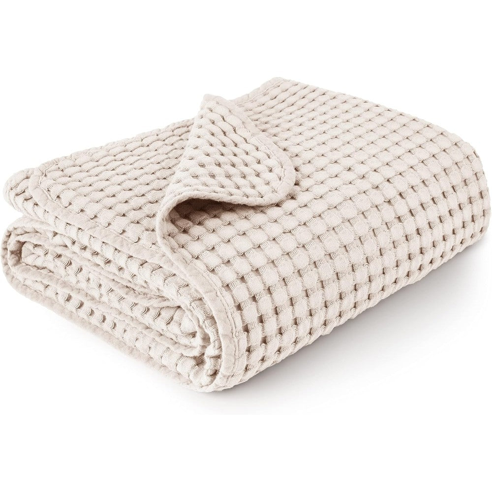 Konssy waffle baby blanket front view in neutral oat color