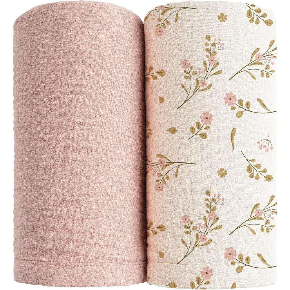 Konssy muslin swaddle blankets pink floral 2 pack front view
